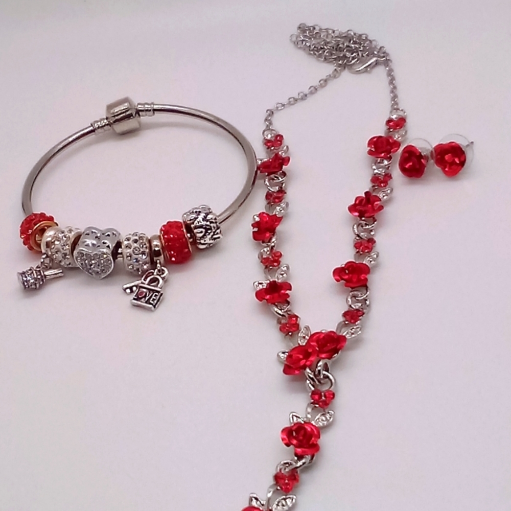 Jewelry set.  Red rose Necklace, bracelet and earrings. NWT
